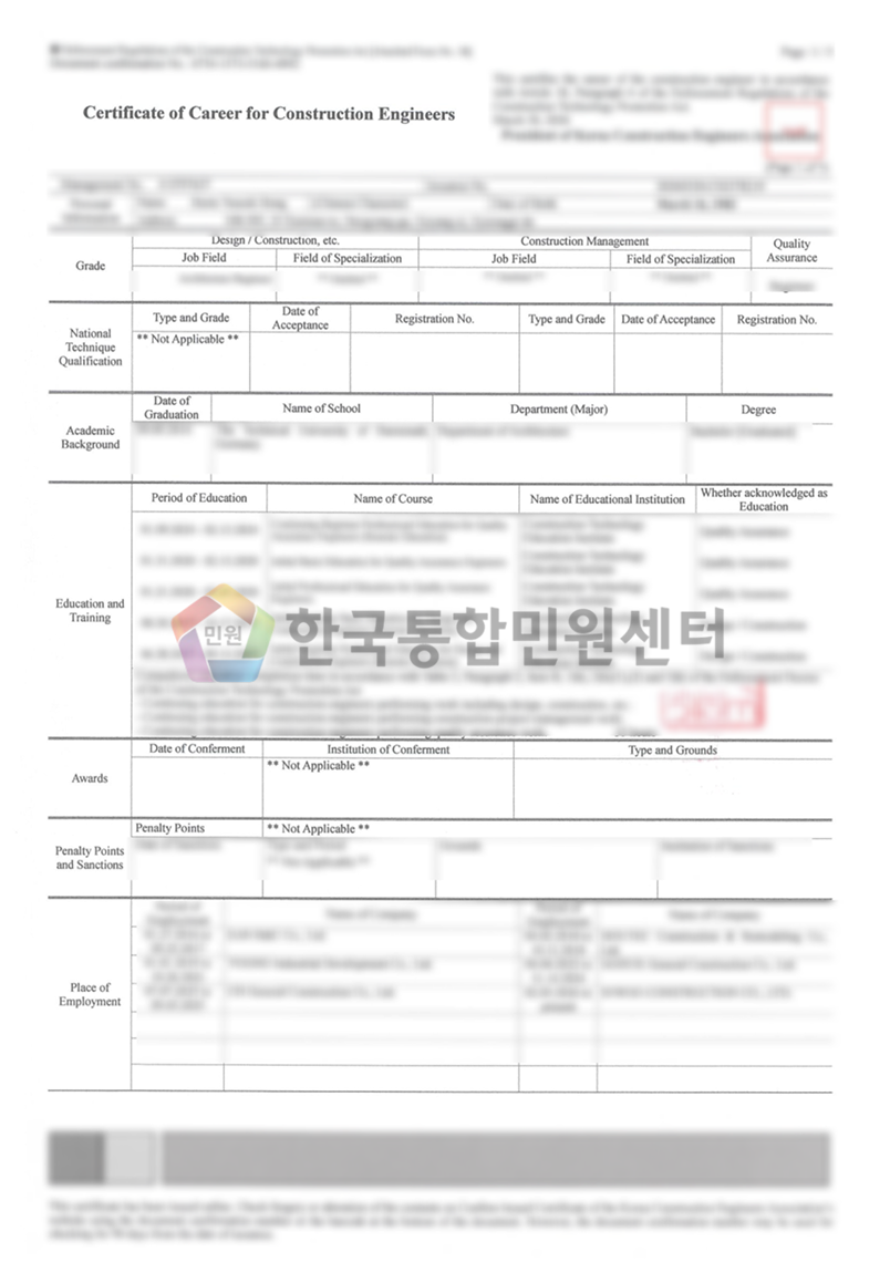Certificate of Career for Construction Engineers