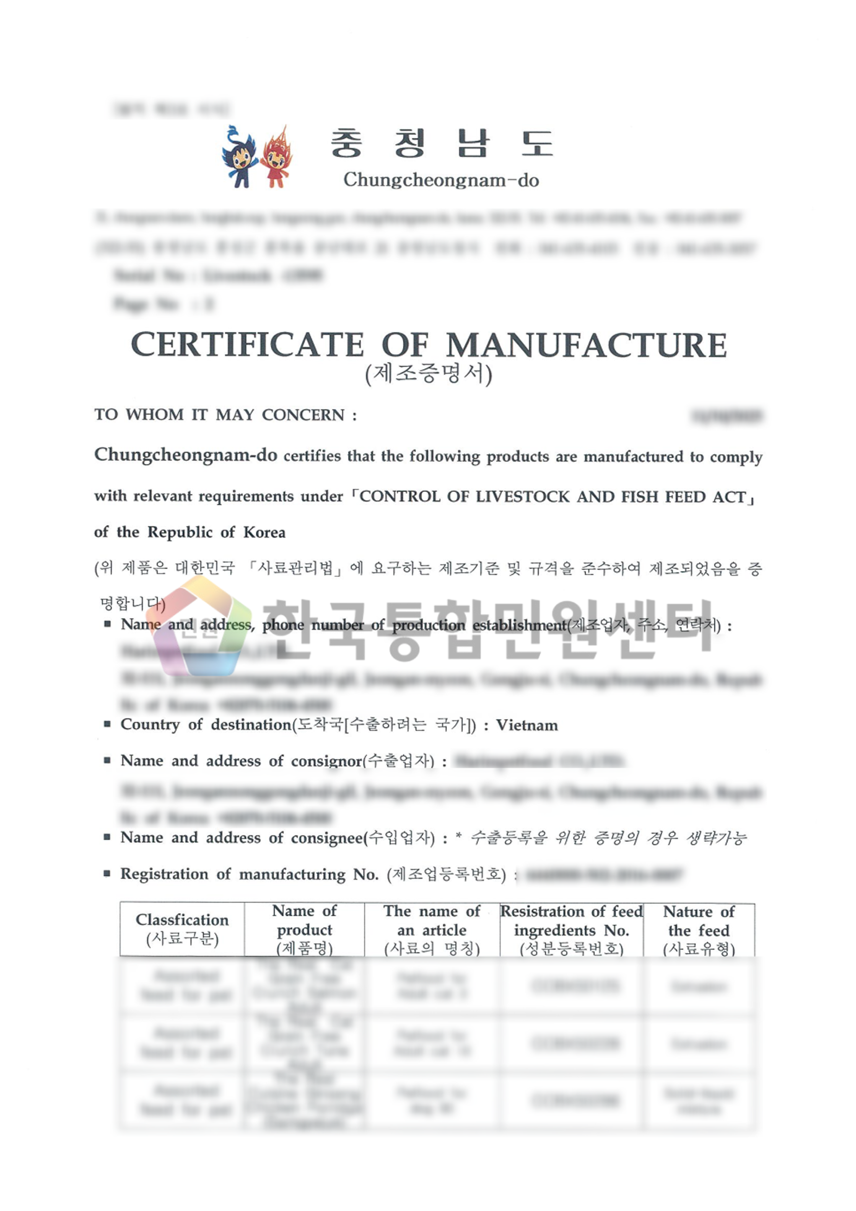 Certificate of Manufacture